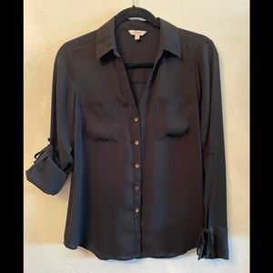 Black button down blouse with rose gold buttons